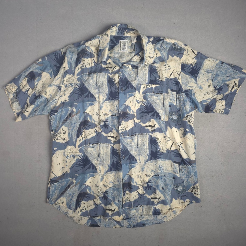 Roundtree & Yorke Mens Silk Hawaiian Shirt Blue Beige Tropical Sailboat Palms